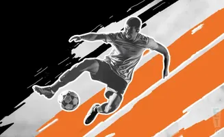 A soccer player kicks a ball in mid-air, with bold black and orange stripes in the background.