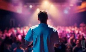 A person in a white t-shirt faces a cheering crowd on a stage bathed in purple and yellow light.