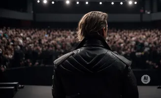 A person in a leather jacket faces away from the camera, looking out at a large, blurred audience.