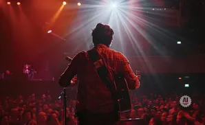 Guitarist in red plaid shirt plays for a cheering crowd under bright stage lights.