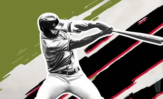 A baseball player swings a bat against a background of bold, diagonal stripes in black, red, and white.