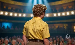 Man with curly blonde hair in a yellow patterned shirt faces away from the camera, on a stage before an audience.