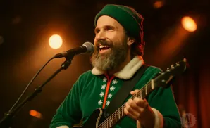 Man in an elf costume sings into a microphone and plays a guitar on stage.