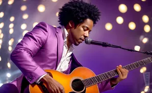 Musician playing an acoustic guitar on stage, wearing a purple suit and white shirt, with blurred lights in the background.