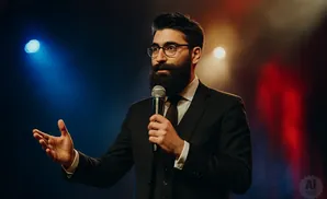 A man with a beard and glasses in a suit holds a microphone and gestures with his hand on a stage.