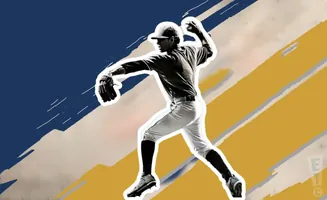 A baseball pitcher in mid-throw against a dynamic background of blue and yellow stripes.