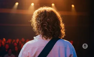 A musician with curly hair on stage, facing away from the camera, with an audience blurred in the background.