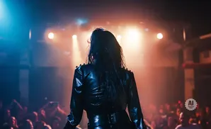 A performer in a black leather jacket faces away from the camera, bathed in stage lights, with a crowd below.