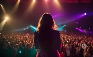 Singer on stage facing a cheering crowd under colorful stage lights.