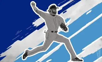 A baseball pitcher in mid-throw on a blue and white abstract background.