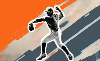 A baseball pitcher in mid-throw against a graphic background of orange and grey diagonal lines.