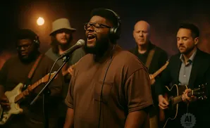 A Black man sings into a microphone while wearing headphones, backed by a band playing guitars.