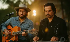 Two men play music outdoors at sunset. One plays guitar, the other a lap steel guitar.