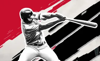 A baseball player swings a bat against a red and black abstract background.