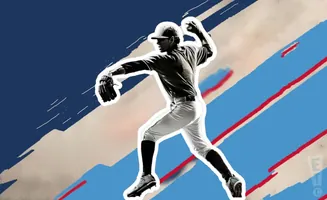 A baseball pitcher throws a ball against a blue and tan abstract background with red and white stripes.