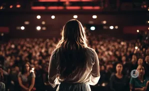 Woman on stage facing a large audience in a dimly lit auditorium.
