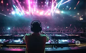 DJ in headphones plays to a cheering crowd at a vibrant, light-filled concert.