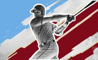 A baseball player in mid-swing against a red, white, and blue abstract background.