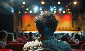A person watches a performance from a seat in a theater, with stage lights in the background.