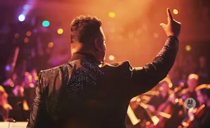 A conductor in a sparkly jacket raises his hand while leading an orchestra.