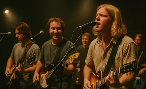 A band performs with a lead singer and guitarists in front of a dark background.