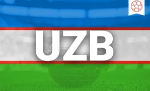 Uzbekistan flag with a glass globe and soccer ball icon.
