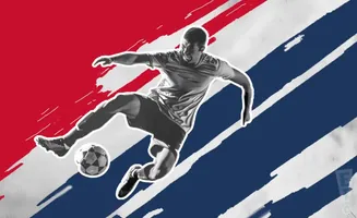 A soccer player in mid-air, about to kick a ball, against a red and blue striped background.