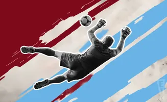 A soccer goalie dives to catch a ball, set against a background of red and blue diagonal stripes.