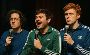 Three men on stage holding microphones. The man in the center wears a green Adidas jacket and laughs.