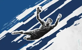 A Black and white soccer goalie leaps to catch a ball against a blue and white abstract background.