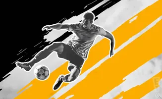 A black and white image of a soccer player in mid-air kicking a ball, with bold yellow and black graphic elements.