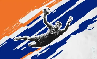 A black and white image of a soccer goalkeeper leaping to catch a ball against a backdrop of orange, blue, and white brushstrokes.
