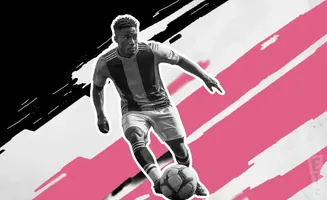 A Black male soccer player dribbles a ball on a pink and black abstract background.