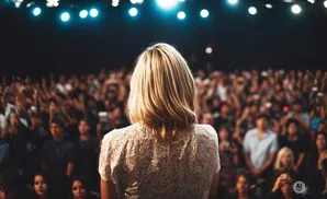 Woman with blonde hair wearing a lace top, facing a blurred crowd under stage lights.