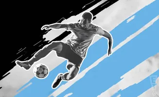 A soccer player in mid-air kicks a ball with a black and blue background.