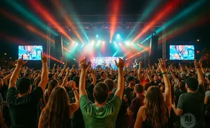 A crowd of people with their hands raised at an outdoor concert with bright stage lights.