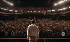 A person in a white shirt stands facing a large, cheering crowd in a stadium.