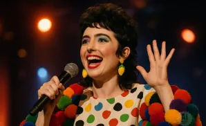A woman with brightly colored eye makeup and pineapple earrings sings into a microphone while wearing a polka dot dress and a fluffy pom-pom scarf.