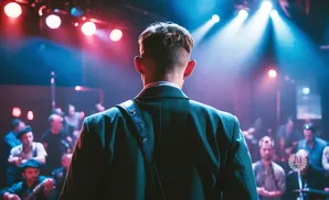 Man in suit facing away, on stage with red and blue lights, crowd in background.