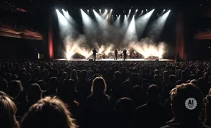 Musicians perform on a smoke-filled stage to a large, silhouetted audience in a theater.