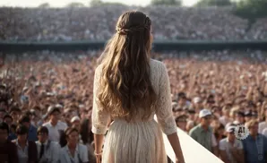 Woman in a lace dress facing a large crowd at an outdoor concert.