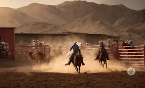 Cowboys on horseback race through dust in a rodeo arena.