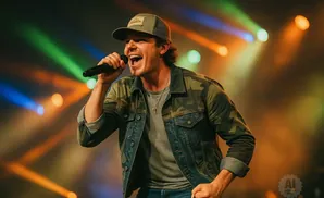 A man in a camouflage jacket and baseball cap sings into a microphone on stage with colorful lights.