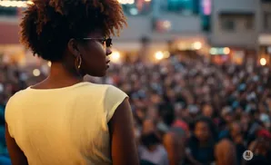 Woman with afro hair and sunglasses looks out at a blurred crowd at an outdoor event.
