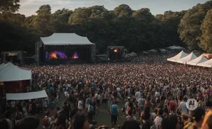An aerial view of a large outdoor concert with a packed crowd in front of a stage, under a warm sky.