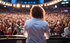 Back view of a person with curly hair in a white jacket facing a large, blurred crowd under stage lights.