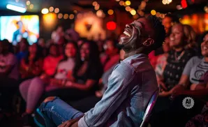 A Black man laughs heartily in a dimly lit room filled with an audience.