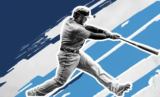A baseball player swings a bat against a graphic background of blue and white stripes.