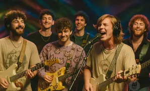 A band of six young men play guitars and sing in a colorful, dimly lit room.