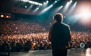 A performer on stage faces a large, cheering audience under bright stage lights.